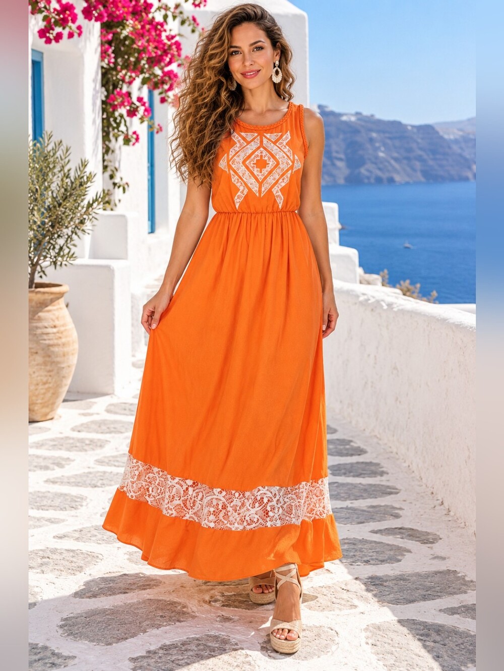 Gianni Bini Orange Lace Crochet Embroidered Maxi Dress Small Boho Resort Glam